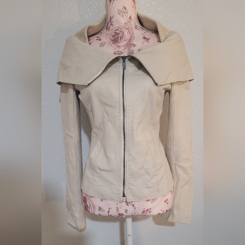 BCBGMaxAzria Cream Off-White Leather Zip Jacket